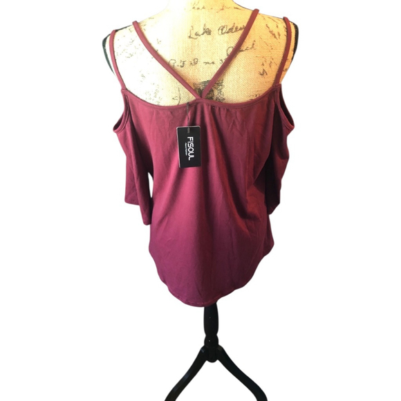 FISoul 3/4 Sleeves Cold Shoulder Top Size XL Burgundy - Picture 3 of 5